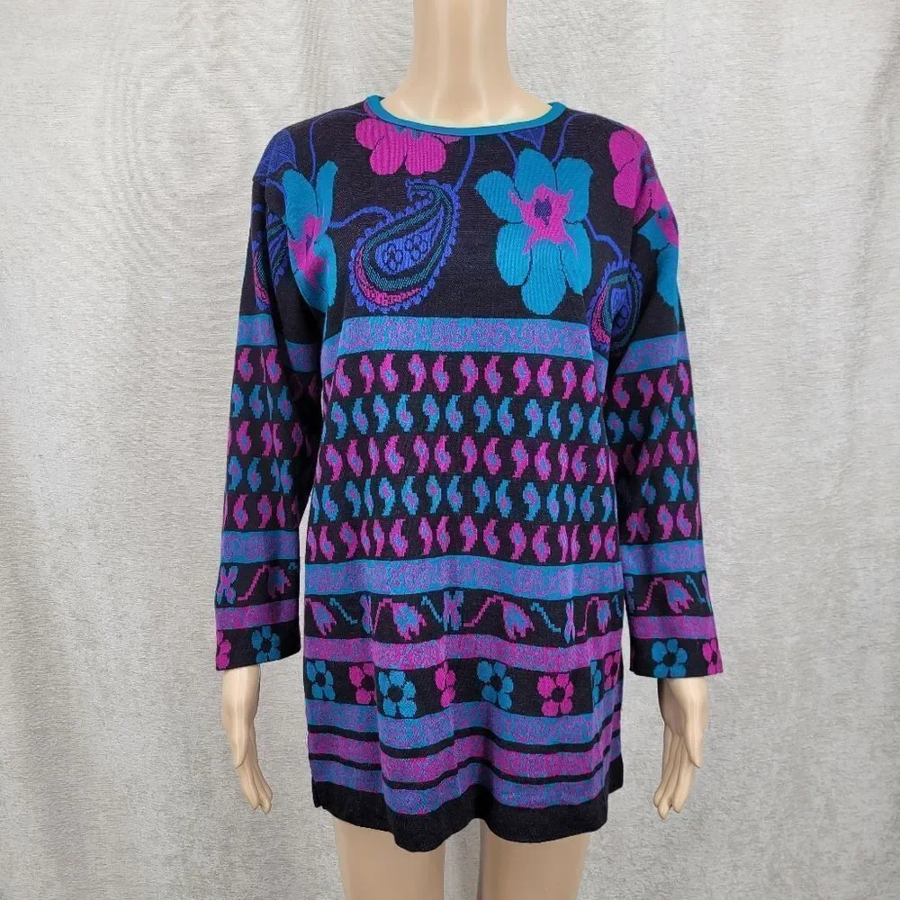 Cape Cod Vintage 80s Black Purple Teal  Floral Paisley Patterned Knit Sweater